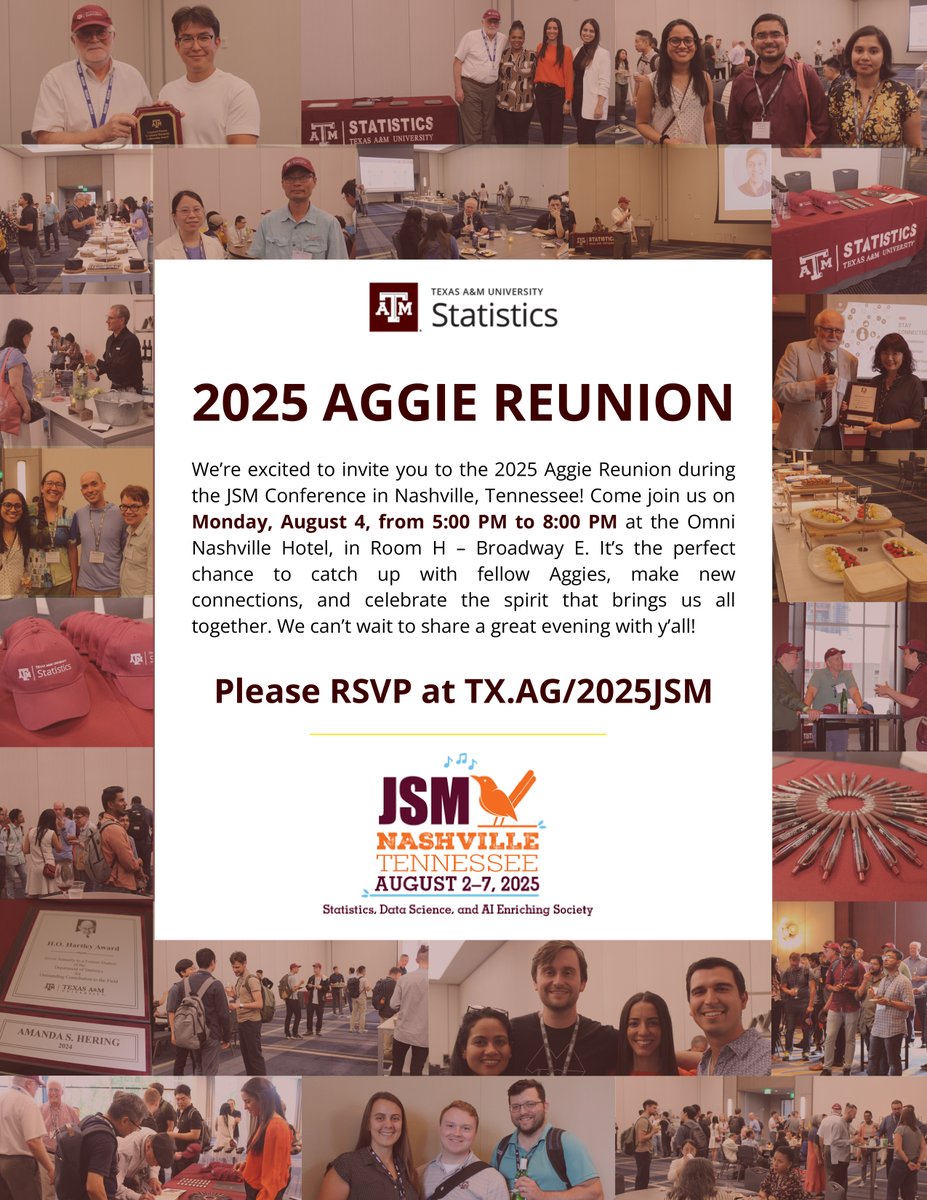 TAMUstats's tweet image. π Aggies, donβt miss the 2025 Aggie Reunion at JSM in Nashville! π
π Aug 4 | β° 5β8 PM
π Omni Nashville Hotel
Reconnect, network, and celebrate! π
π² Scan the QR or RSVP: TX.AG/2025JSM
#AggieReunion #GigEm #AggieNetwork #TAMU #TAMUStatistics