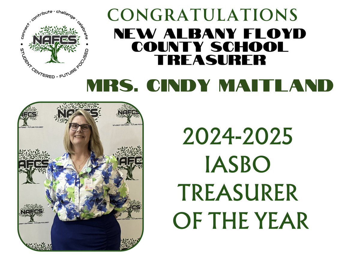 Congrats to NAFCS Treasurer Cindy Maitland, who was recently named Treasurer of the Year by the IASBO! 

Cindy has served NAFCS for over 20 years, including the last seven as our district treasurer. Thank you, Cindy, for your dedication and service to our schools! 

#NAFCSuccess