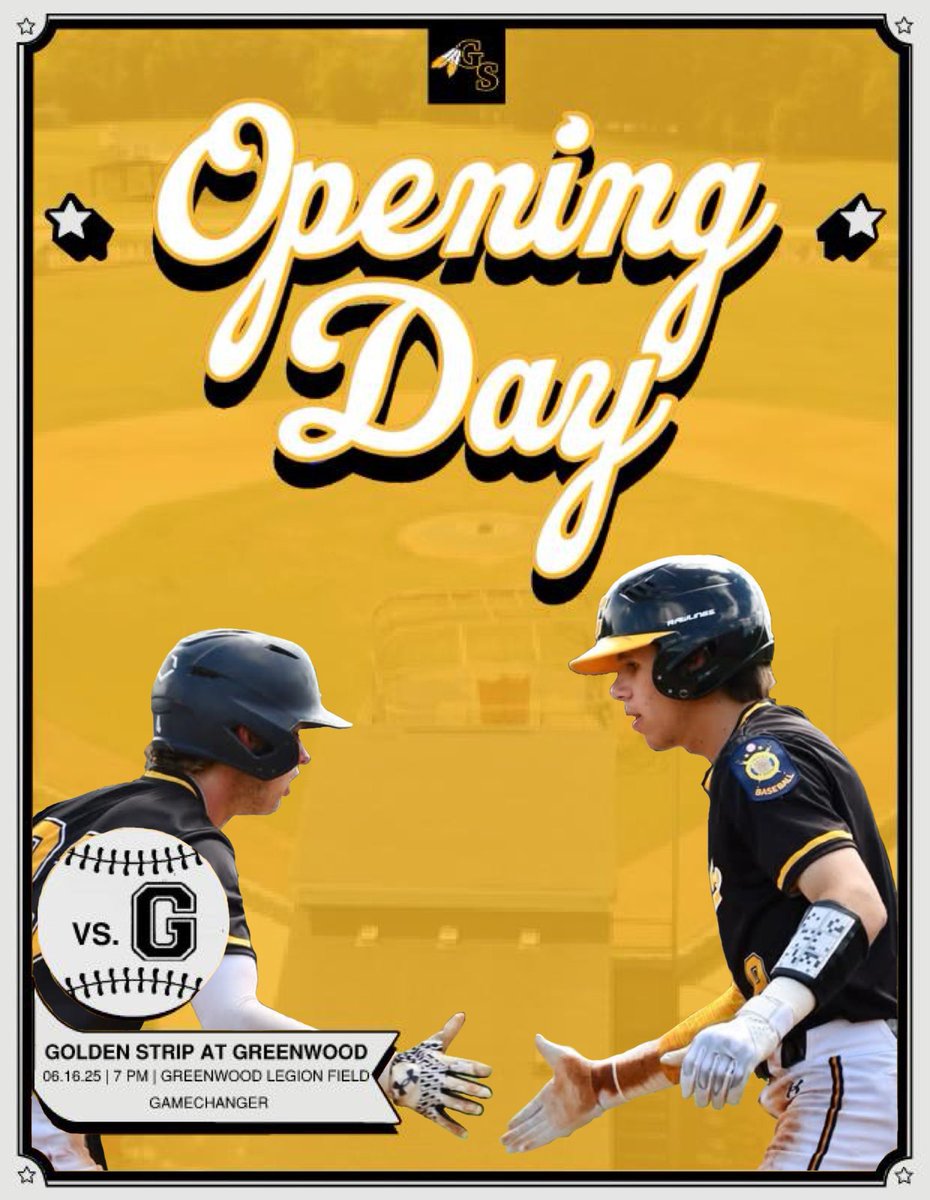 It’s opening day for the Golden Strip Warriors! ⚾️

🆚 Greenwood Post 20
🕛 7:00 p.m.
📍 Greenwood, SC
🏟️ Greenwood Legion Field
📊GameChanger

#TheStrip | #GoWarriors