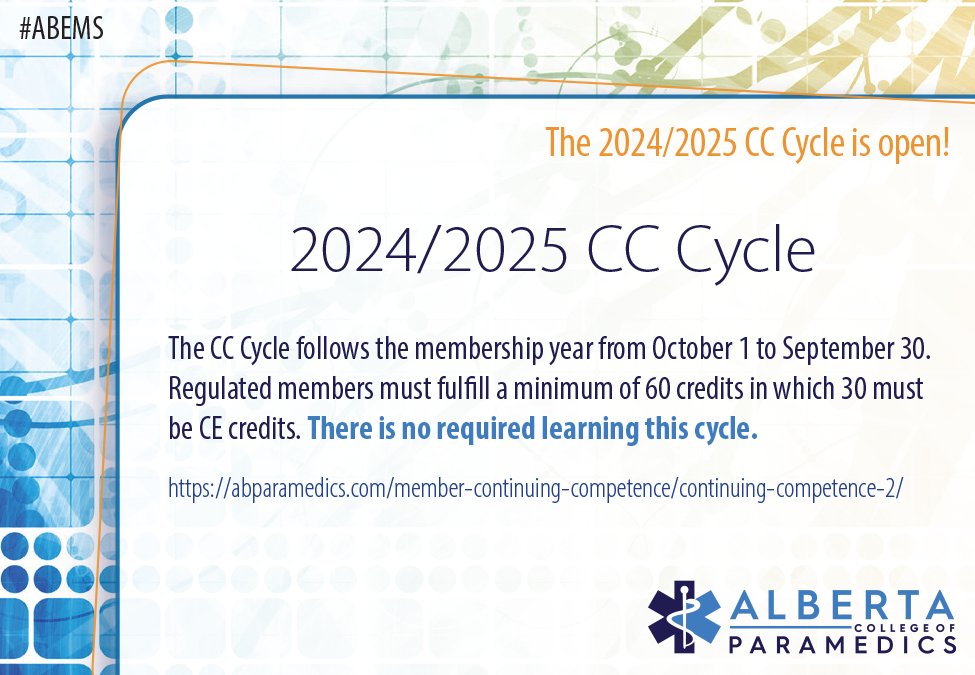 There is no required learning for the 2024/2025 CC Cycle. However, regulated members must fulfill a minimum of 60 credits. #ABEMS

➡️Look for more information here bit.ly/3MYyOAk