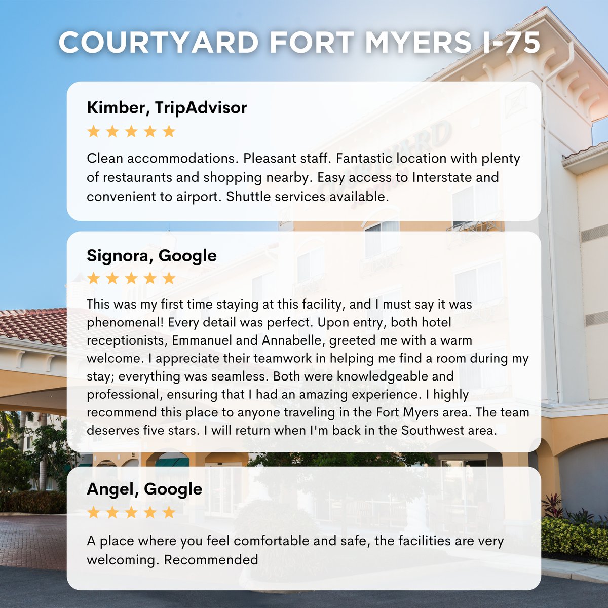 AD1Hospitality's tweet photo. Guests are loving Courtyard Fort Myers I-75, clean rooms, amazing staff, and the perfect location near I-75, RSW, and all the best spots. “Phenomenal stay,” “super welcoming,” and “five-star service” say it all. Come see why we’re a Fort Myers favorite! https://t.co/uncYj6sgQe