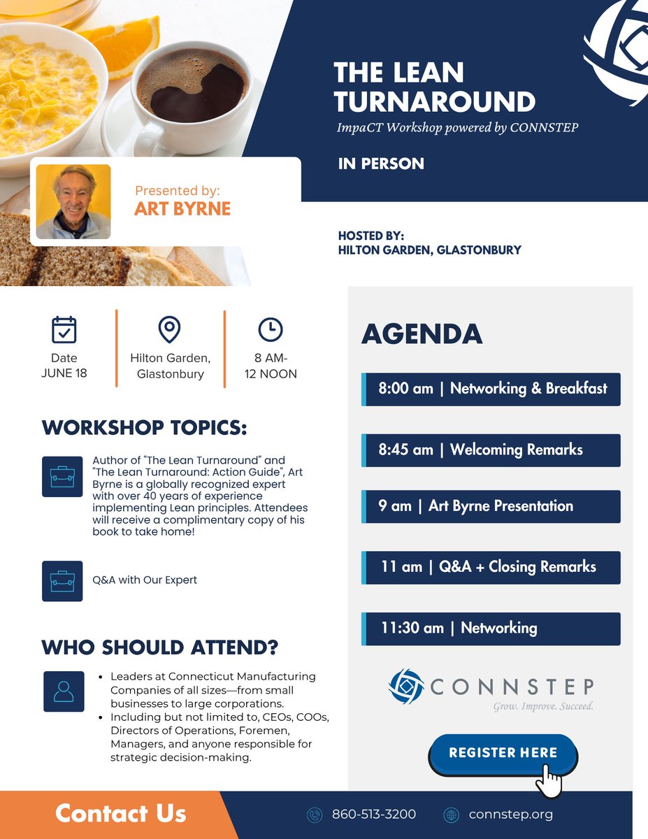A few spots remain for Wednesday's impaCT Workshop: The Lean Turnaround presented by Art Byrne.

Delve into strategies for lean transformation and gain insights to enhance productivity and profitability with this renowned author and business leader.

➡️connstep.org/impact-worksho…