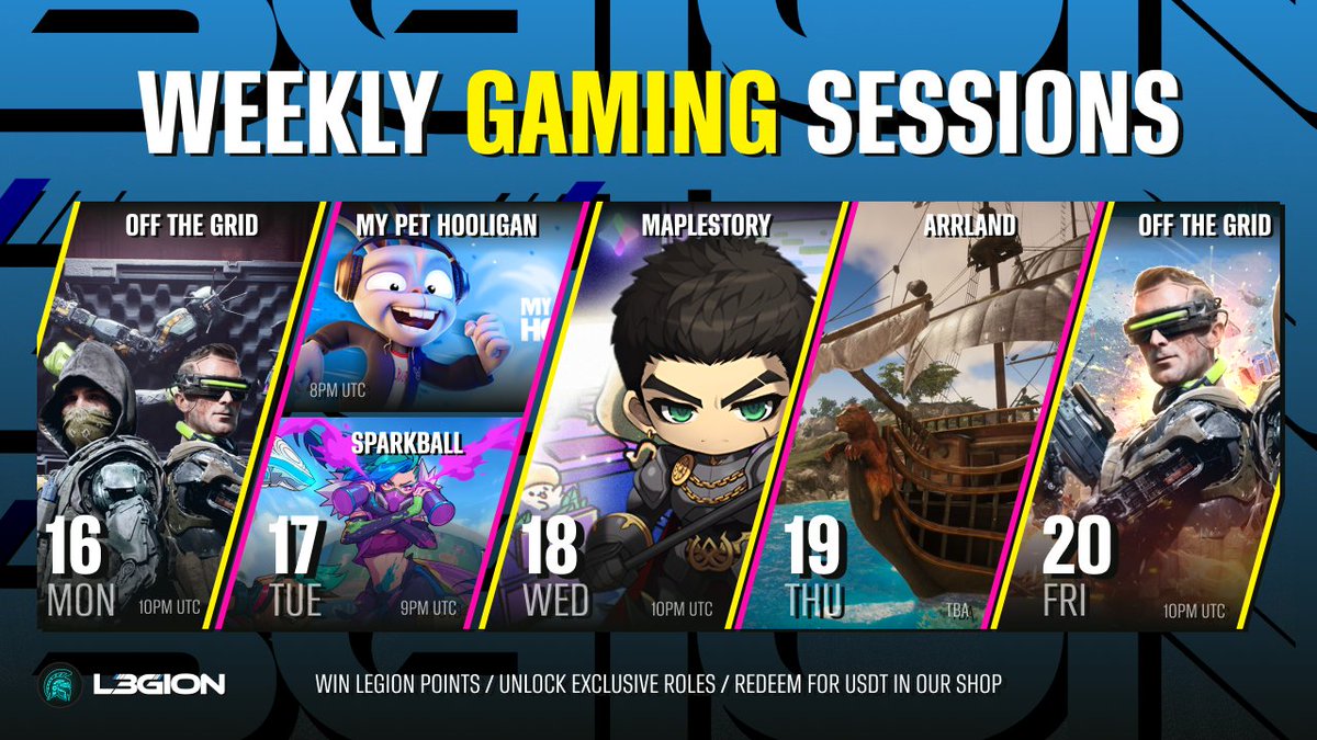 💥 L3GION Weekly Ops Just Dropped 🔥

We’re upping the stakes with two heavy-hitters this week: <a href="/ArrlandGame/">Pirates of the Arrland 🏴‍☠️</a> &amp; <a href="/playSparkball/">LET'S PLAY SPARKBALL!</a> alongside OTG, MPH and Maple story Universe 

🗓️ Mon–Fri
📍 Only on our Discord server
💎 Earn Legion Points, win cash, and score NFTs

New week. Bigger