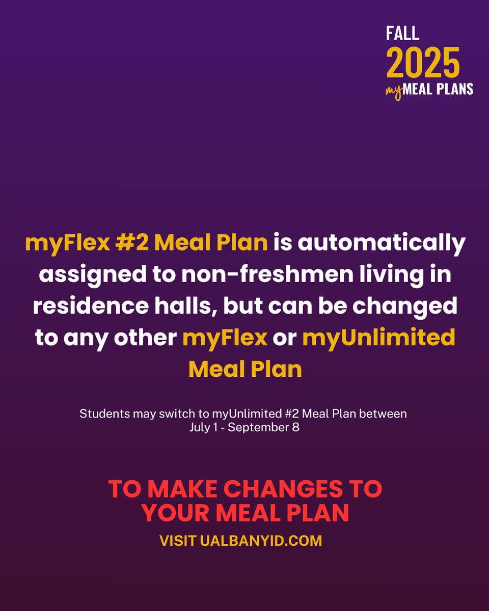Looking for the right meal plan for you? Head to ualbanydining.com and check out our meal plan options! 

⏰ The meal plan change period is July 1 - September 8. 

🔗 On July 1, you can select a meal plan or make changes to your meal plan at ualbanyid.com