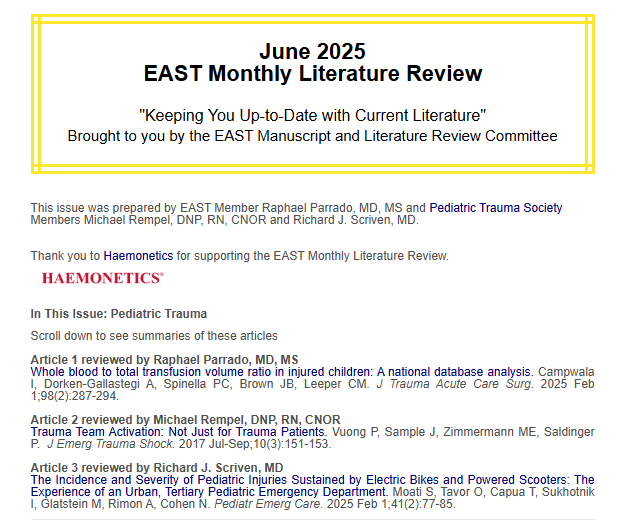 This month’s EAST Monthly Literature Review on Pediatric Trauma is brought to you by EAST Member Raphael Parrado, MD, MS and <a href="/PediTraumaSoc/">Pediatric Trauma Soc</a> Members Michael Rempel, DNP, RN, CNOR and Richard J. Scriven, MD. Thank you to our sponsor <a href="/HaemoneticsCorp/">Haemonetics Corp</a>! Read the #EASTLitReview here