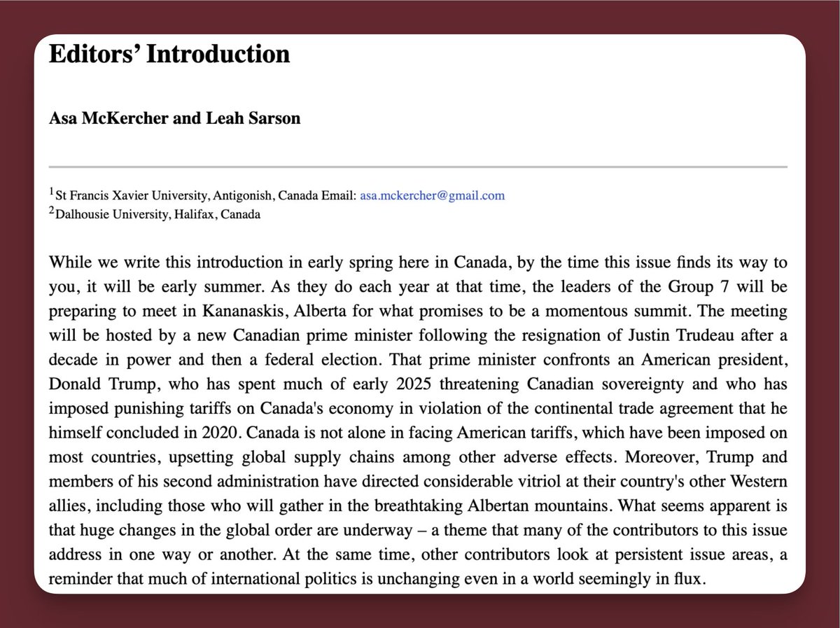 Intl_Journal's tweet image. G7 in Kananaskis, AI &amp;amp; security, critical minerals, NATO, climate. IJ 80/2 is out now. Read: journals.sagepub.com/toc/ijxa/curre…