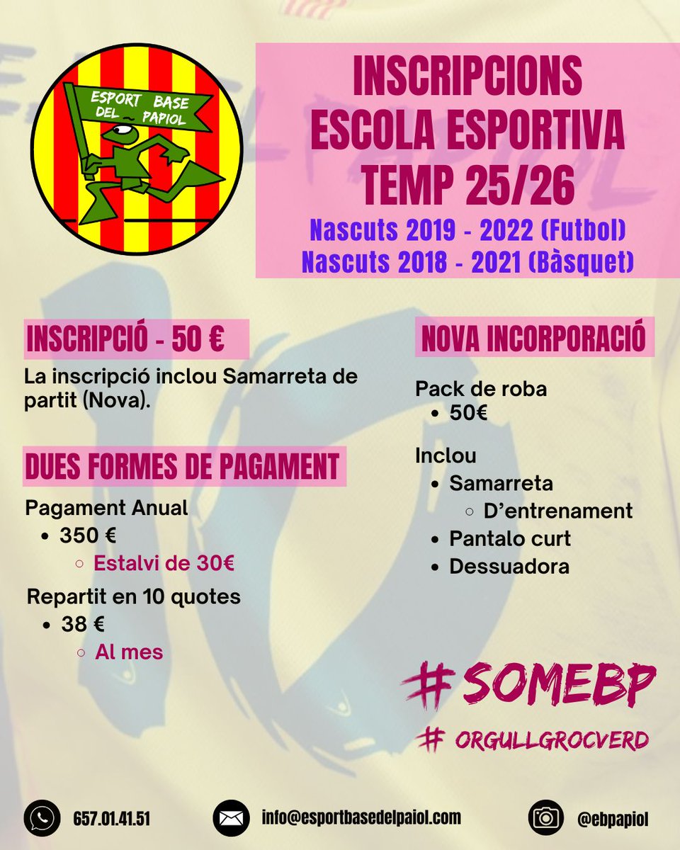 🏀⚽ Tornen les inscripcions a l’Esport Base del Papiol per a la temporada 2025/2026!
📢 Tota la informació detallada segons secció, edats i preus, als cartells oficials de l’EBP.