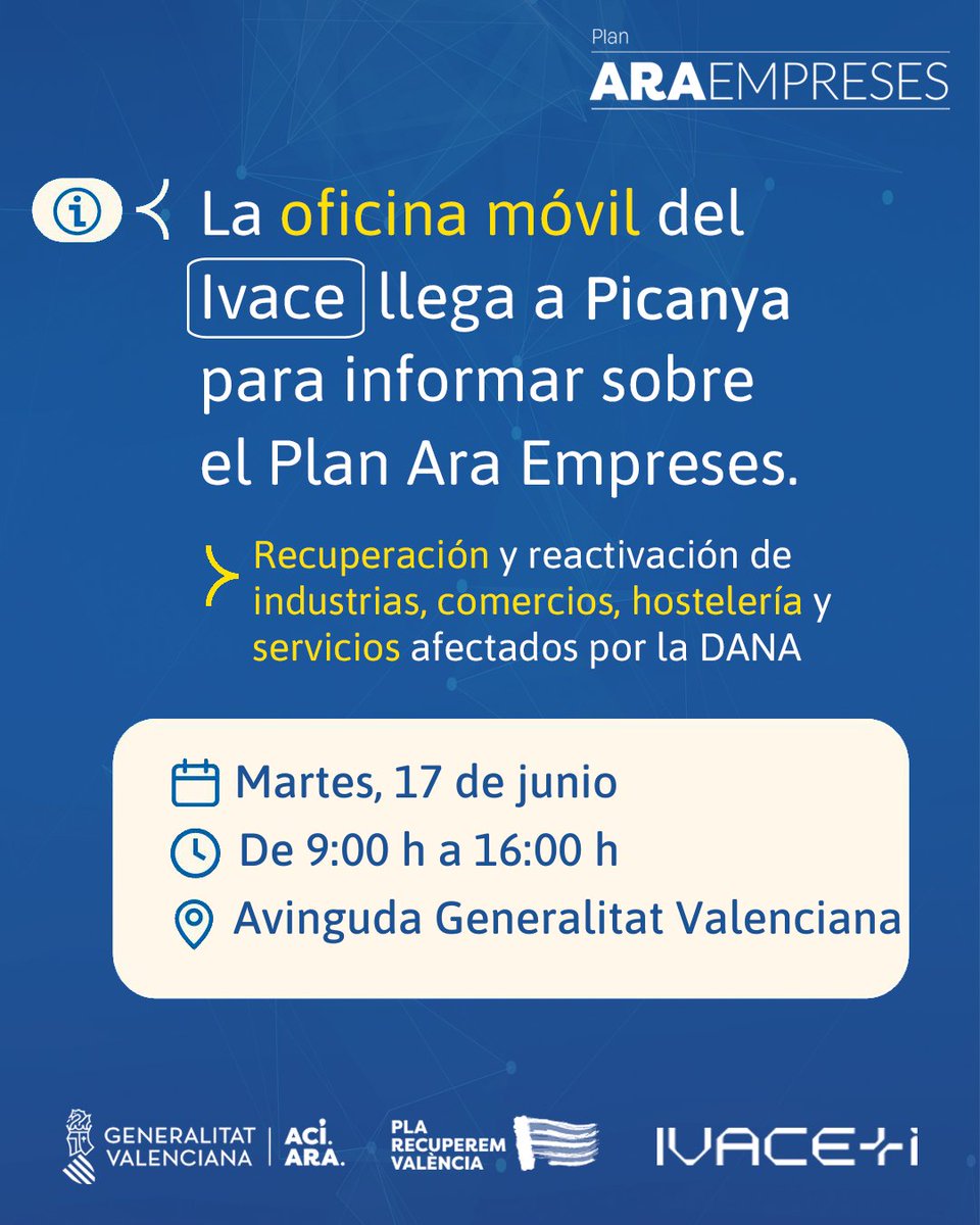 🚐 Una semana más continúa el recorrido de las oficinas móviles del Plan #AraEmpreses para informar a comercios y empresas afectadas por las inundaciones

📍 Mañana en #Picanya y #Chiva
💡 Acércate y te ayudamos
💰127,4M€ para la recuperación

<a href="/CanoMarian/">Marián Cano</a> <a href="/aPicanya/">Ajuntament Picanya</a> <a href="/AyuntaChiva/">Ayuntamiento de Chiva</a>