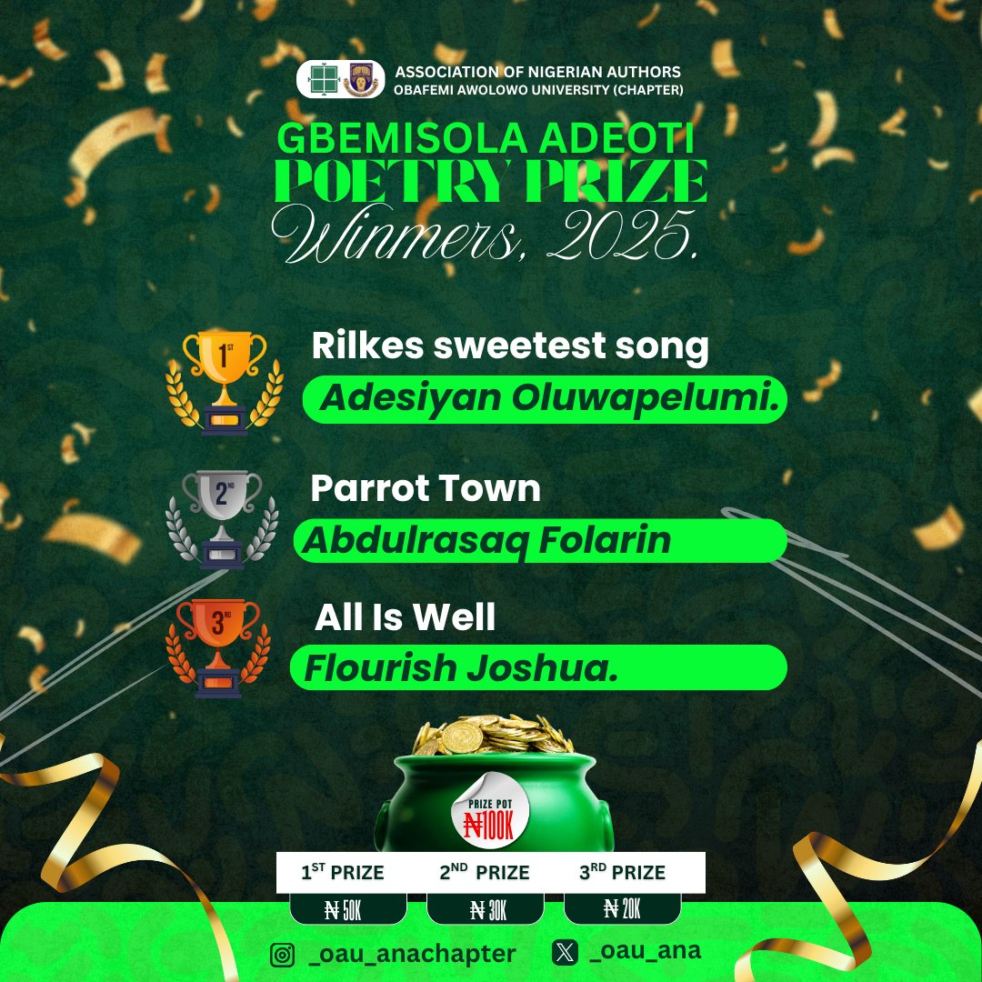 ANA-OAU (@_oau_ana) on Twitter photo We are pleased to announce the winners of the Gbemisola Adeoti Poetry Prize, which was unveiled at #ANAOAU25 yesterday on OAU Campus, a book and art festival attended by over 200 student creatives.
Thank you to our judges: <a href="/pamilerinjacob/">pamilerin jacob</a> and Ernest Ogunyemi We are pleased to announce the winners of the Gbemisola Adeoti Poetry Prize, which was unveiled at #ANAOAU25 yesterday on OAU Campus, a book and art festival attended by over 200 student creatives.
Thank you to our judges: <a href="/pamilerinjacob/">pamilerin jacob</a> and Ernest Ogunyemi