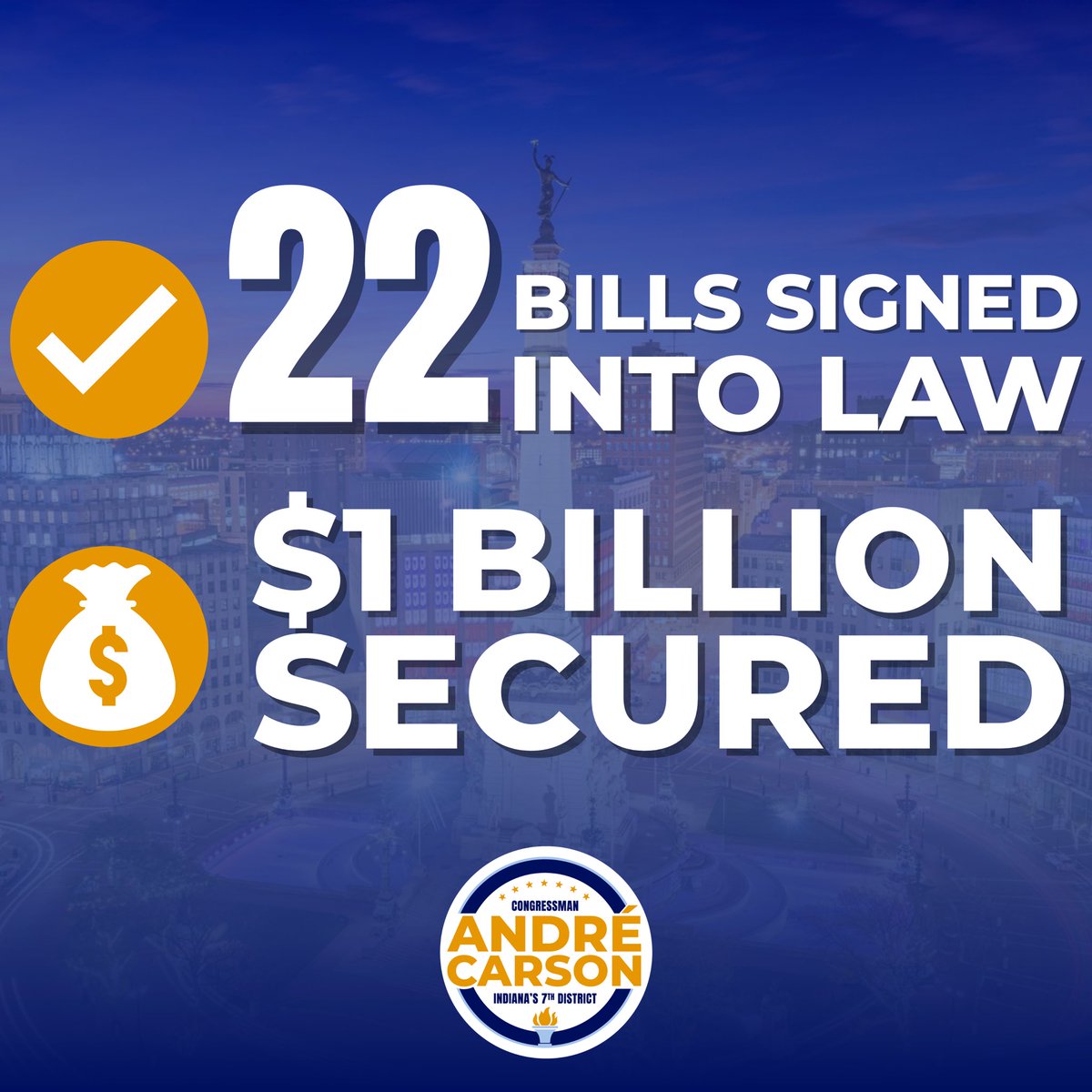 RepAndreCarson's tweet image. Our communities deserve results. That's why I fight hard in DC to deliver for Indianapolis, like 22 of my bills signed into law and $1 billion secured for our city.