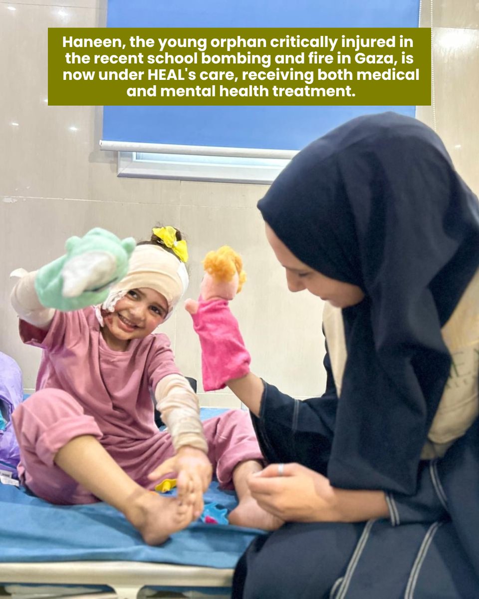 healpalestine_'s tweet image. Haneen, a young girl from Gaza, lost her home and both parents, and suffered severe physical and emotional trauma in a recent bombing of a school where families were taking shelter. HEAL Palestine responded by urgently transferring her to a specialized hospital, assigning a…