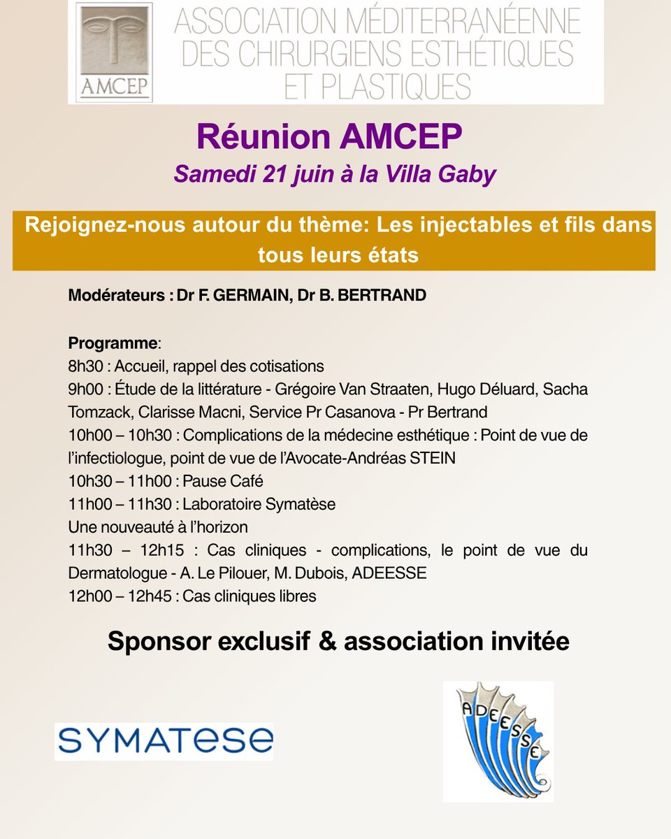 🚨 La réunion de l'#AMCEP - Association Méditerranéenne des Chirurgiens Esthétiques et Plastiques : Il est encore temps de vous inscrire !

📆 21 Juin 2025 📍 Villa Gaby
🎯 Les injectables et fils dans tous leurs états.

Inscription 👉 amcepjuin25.mycongressonline.net

Programme 👇