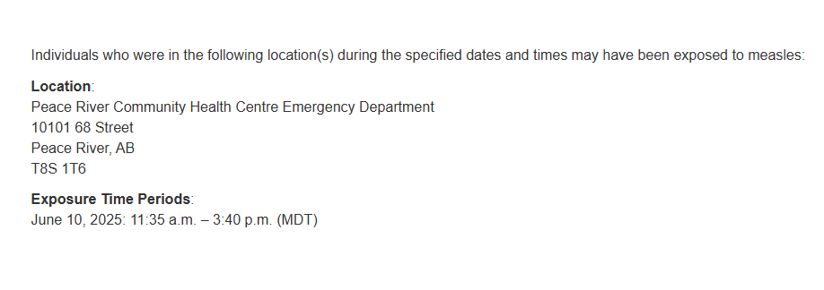 Alberta Health Services has been notified of people with confirmed measles in the North Zone who have been in a public setting while infectious. Additional locations may be released if necessary. Learn more: albertahealthservices.ca/news/Page19115…