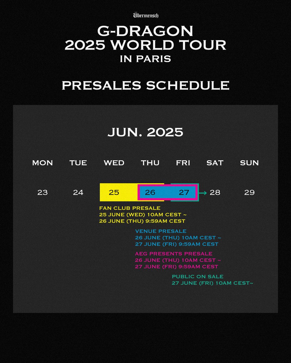 Mi_Amor0818's tweet photo. all Phase 3 for Ubermensch world tour has the same day pre-sale ticket schedule lol

#BIGBANG #빅뱅 #GDRAGON #지드래곤 #권지용 #GDRAGON_ÜBERMENSCH 
#GDRAGON2025 #GDRAGONisBACK https://t.co/WoRBQqxfBT