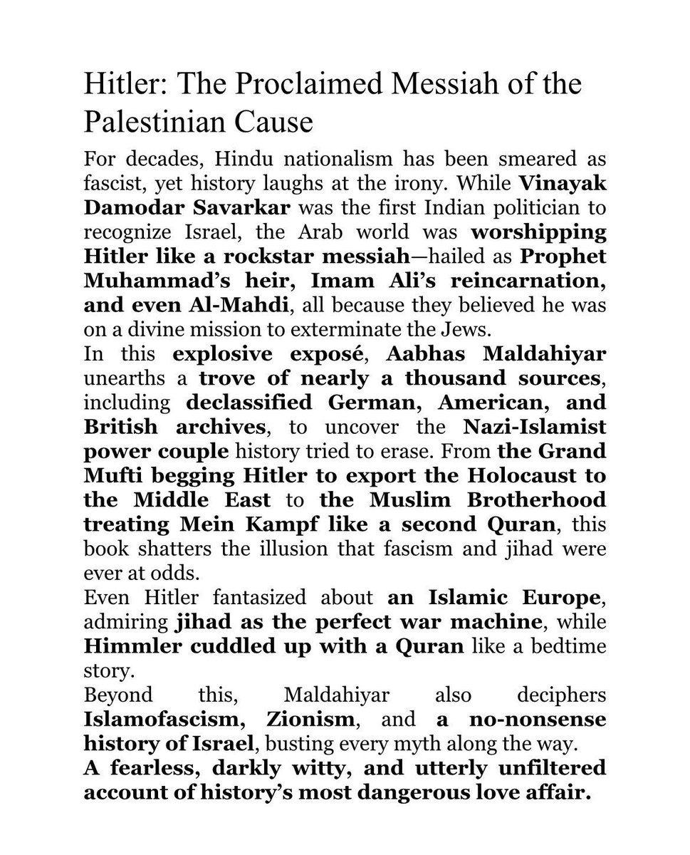 Even if you don’t repost, expand, read and reflect. It’s important in the light of #IsraeliranWar 

After my new book— “Hitler: The Proclaimed Messiah of the Palestinian Cause”, supporting Israel won’t be a choice—it’ll be instinct.

See the contents (Image 2) and the crux (Image