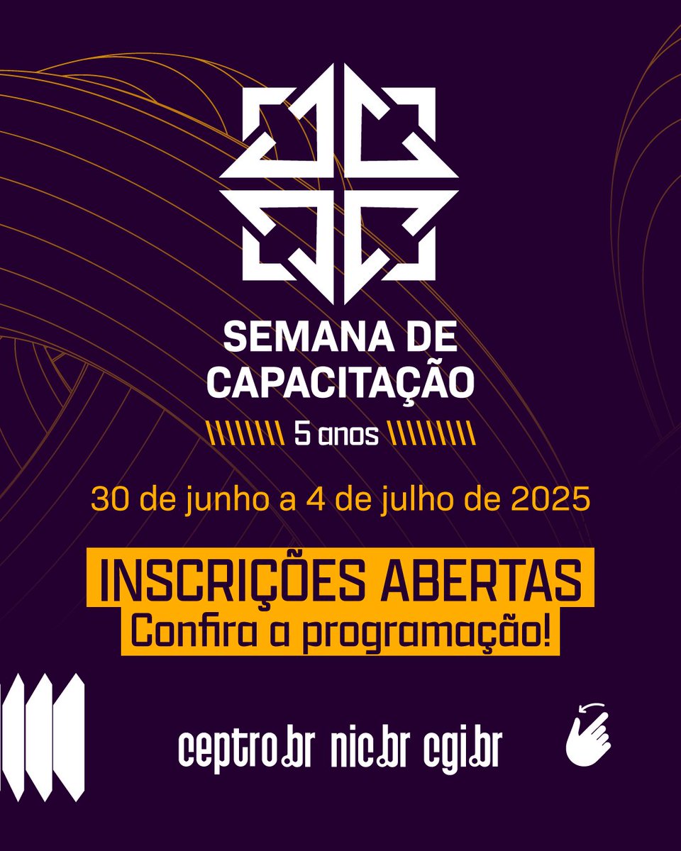 NIC.br (@comunicbr) on Twitter photo 🖥️ Inscrições abertas para a 10ª edição da Semana de Capacitação!
Não deixe passar a oportunidade de aprender com instrutores do #NICbr | #Ceptrobr, e parceiros, em minicursos GRATUITOS de alto nível técnico!
Inscrições e informações: semanacap.bcp.nic.br/semana-de-capa… 🖥️ Inscrições abertas para a 10ª edição da Semana de Capacitação!
Não deixe passar a oportunidade de aprender com instrutores do #NICbr | #Ceptrobr, e parceiros, em minicursos GRATUITOS de alto nível técnico!
Inscrições e informações: semanacap.bcp.nic.br/semana-de-capa…