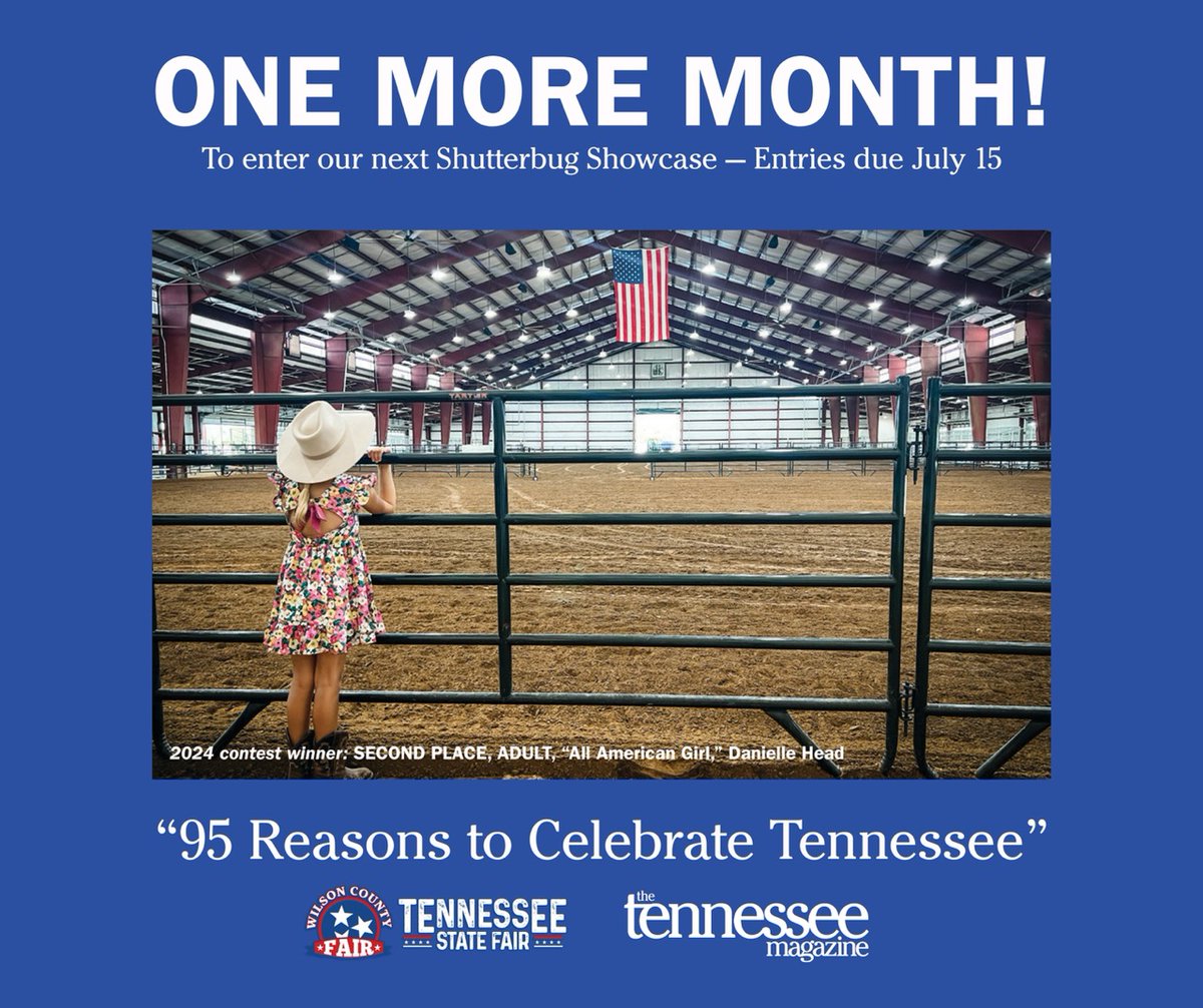 There’s only ONE MORE MONTH to enter our next Shutterbug Showcase themed “95 Reasons to Celebrate Tennessee” — entries are due Tuesday, July 15. #Shutterbug #CallforEntries #TNFairs #TheTennesseeMagazine hubs.la/Q03qy2xQ0