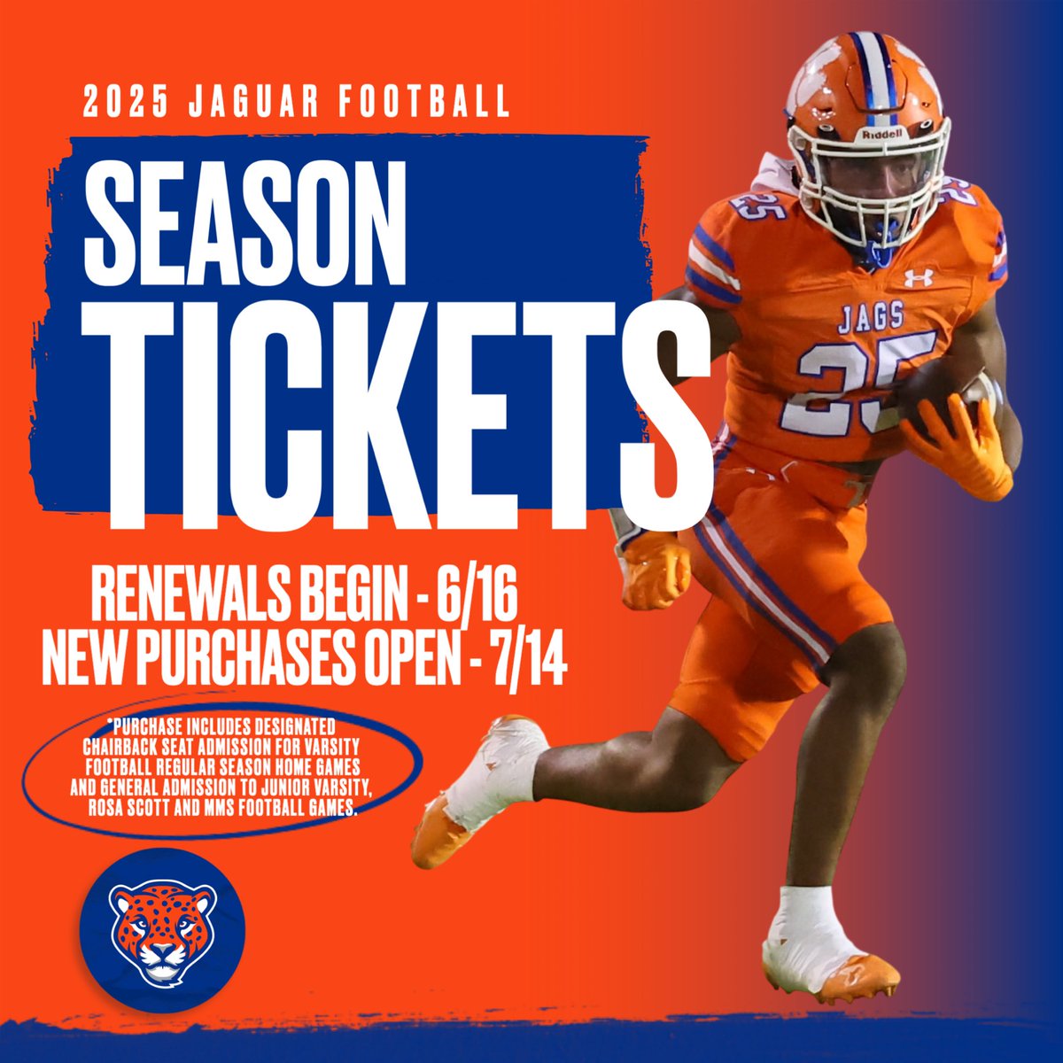 Season Ticket Renewals are now open for everyone who had season tickets for the 2024 Football Season. Please respond to your email from GoFan to renew or decline your tickets for the 2025 season.  New Season Ticket purchases will open to the public through GoFan on July 14th!