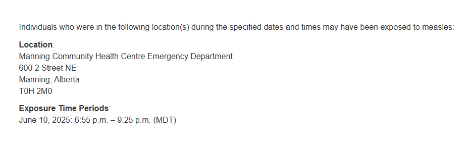 Alberta Health Services has been notified of people with confirmed measles in the North Zone who have been in a public setting while infectious. Additional locations may be released if necessary. Learn more: albertahealthservices.ca/news/Page19116…