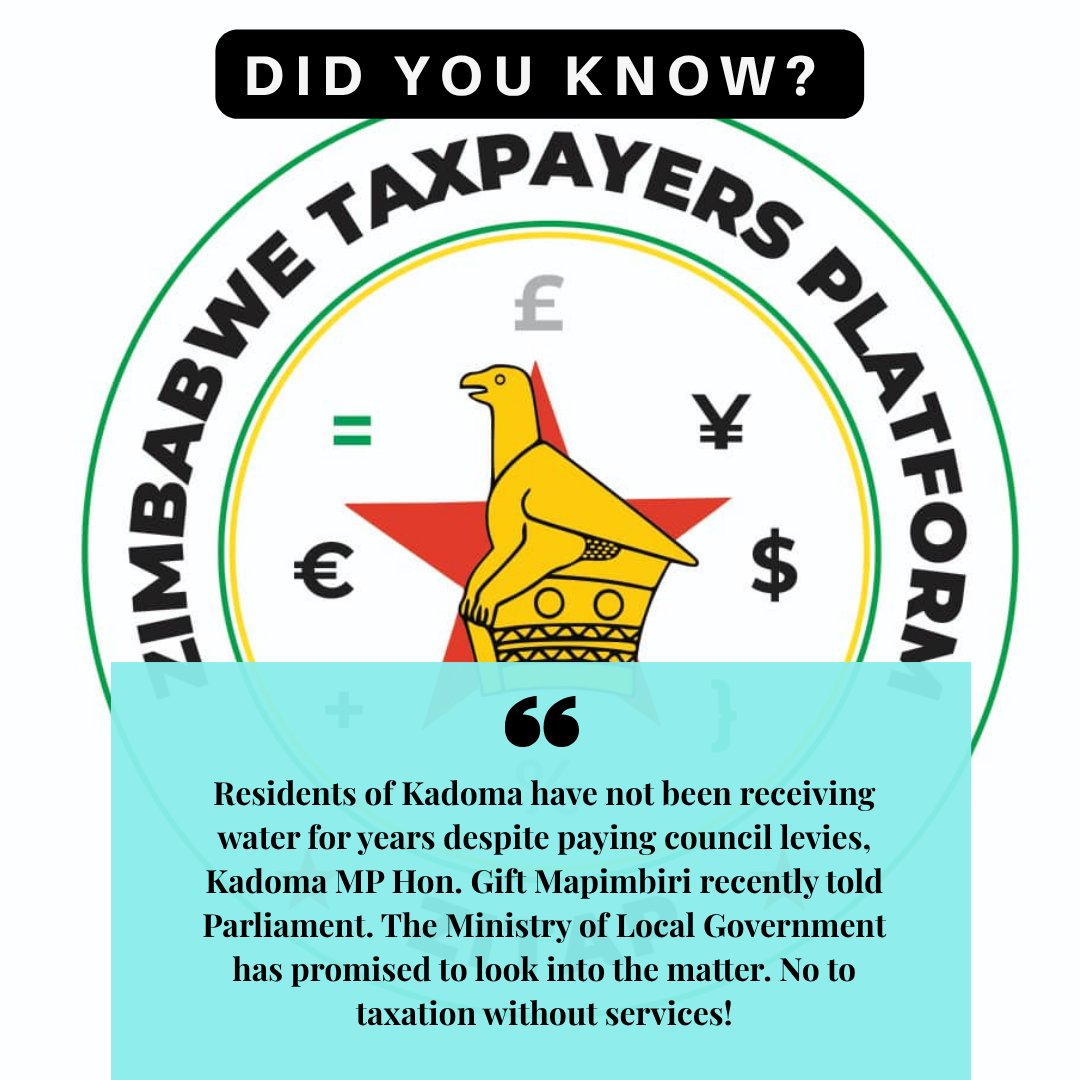 zitap24's tweet photo. Did you know? Residents of Kadoma have not been receiving water for years despite paying council levies, Kadoma MP Hon. Gift Mapimbiri told Parliament. The Ministry of Local Government has promised to look into the matter. No to taxation without services! @HeraldZimbabwe https://t.co/ynmExx97NH