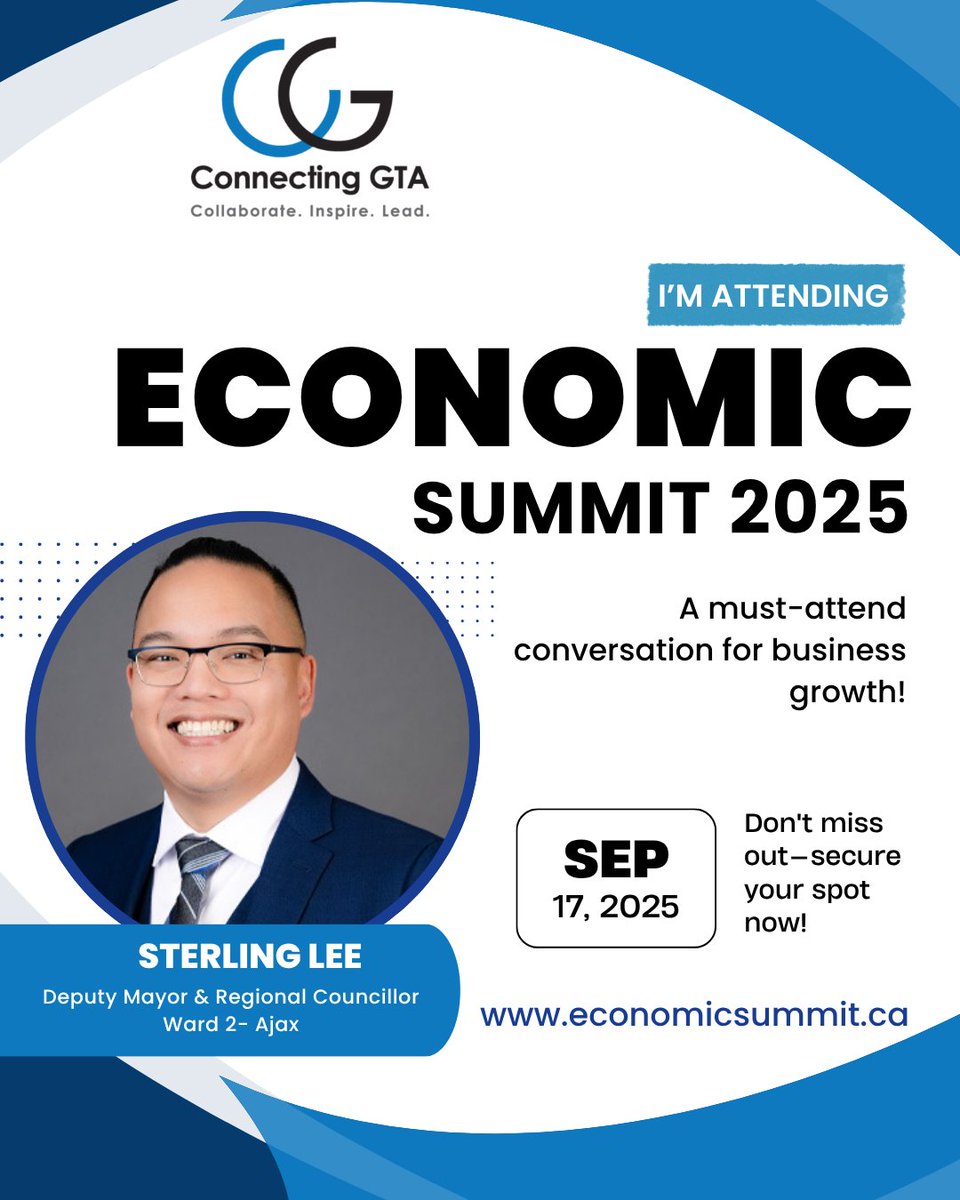Sterling Lee is attending the Connecting GTA Economic Summit 2025!
Be among the changemakers as industry leaders, policymakers, and innovators come together to shape Ontario’s economic future. 💼📊

🗓️ September 17, 2025
📍 937 Progress Ave, Scarborough
🔗cgta.club/event-5941373