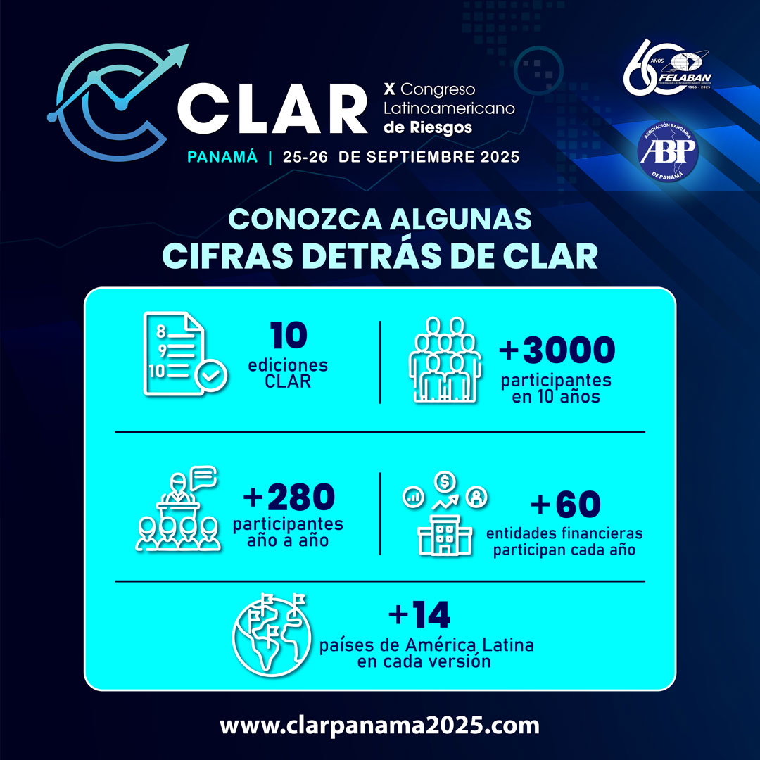 🔹 CLAR 2025 celebra una década promoviendo el análisis, la gestión y el intercambio de buenas prácticas en riesgos.
📊 +3.000 participantes, +60 entidades financieras y +14 países representados año tras año.
🌐 Más información: clarpanama2025.com
#GestiónDeRiesgos #Panamá