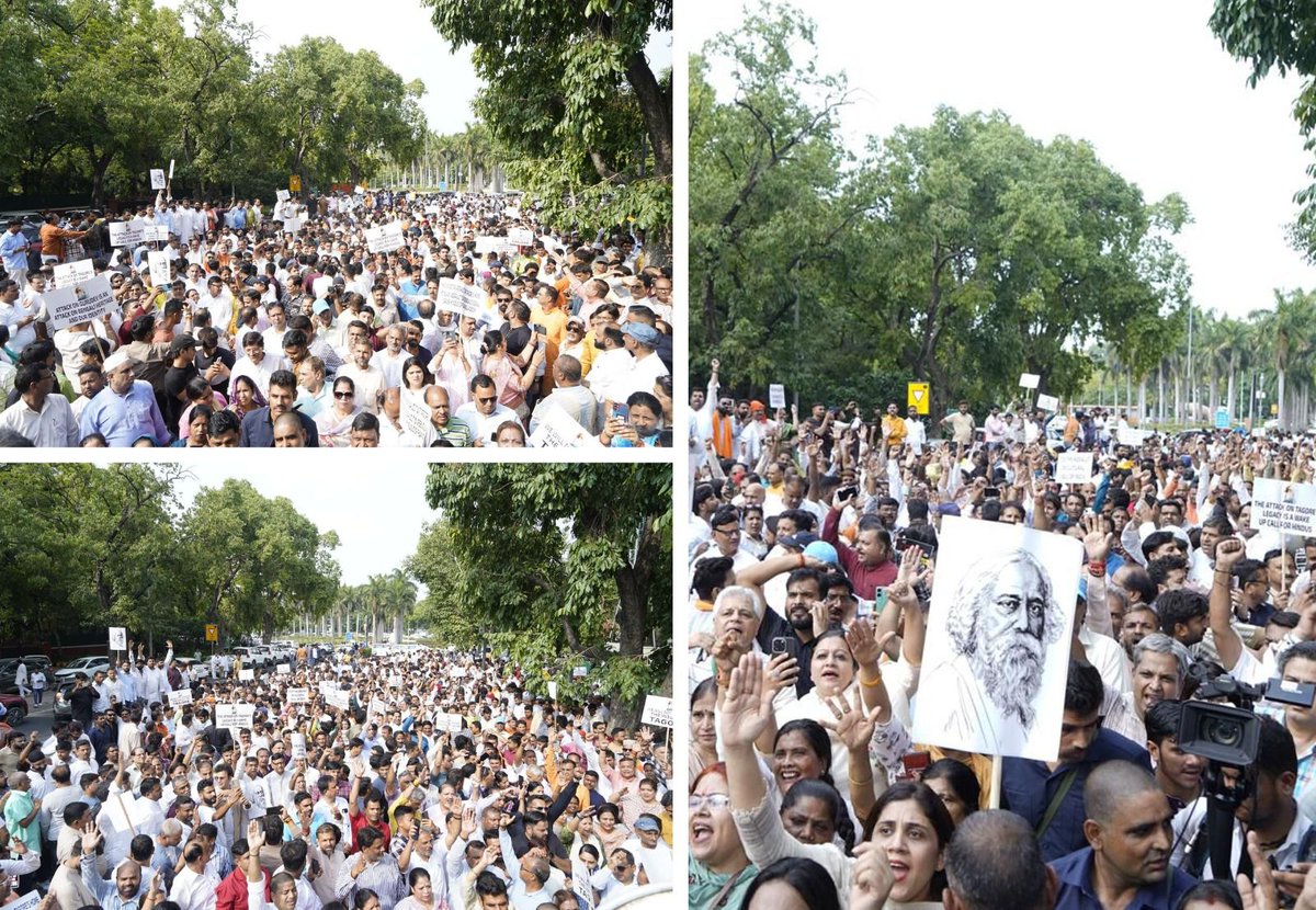 BJP4India's tweet photo. The BJP staged a protest outside the Bangladesh High Commission in Delhi to condemn the vandalism of Nobel Laureate Gurudev Rabindranath Tagore's ancestral home in Bangladesh. 

This incident is not just an attack on heritage but a violation of India’s cultural identity and Bengal’s legacy. 

The BJP called on the Bangladesh government to take immediate action, ensure accountability and prevent such acts in the future.