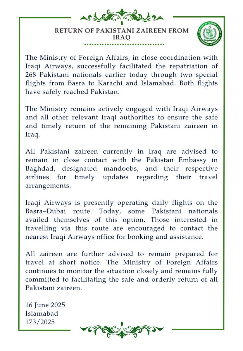 🔊PR NO. 1️⃣7️⃣3️⃣/2️⃣0️⃣2️⃣5️⃣

Return of Pakistani Zaireen from Iraq.

🔗⬇️
mofa.gov.pk/press-releases…