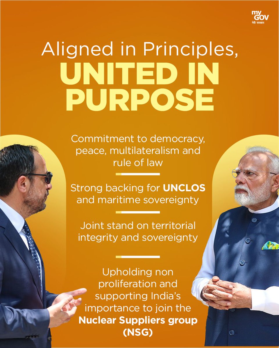 mygovindia's tweet image. India and Cyprus reaffirm shared values—democracy, rule of law, multilateralism.

With support for UNCLOS, NSG membership and territorial integrity, both nations stand united in purpose on global peace and security.

#PMModiCyprusVisit