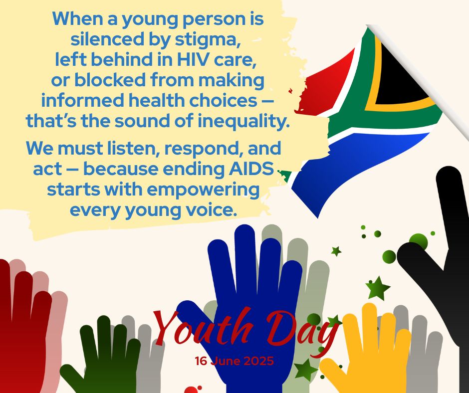Happy Youth Day 🇿🇦
As we honour the brave of 1976, the struggle to end inequalities continues: 
- over 1/3rd of new HIV infections(2023) occurred among young people aged 15–24, especially young🚺.
- Many youth still face HIV prevention, education&amp;mental health support barriers.