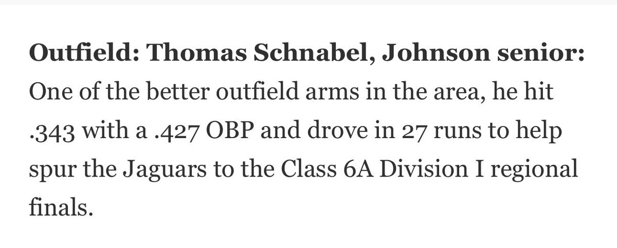 Buda Johnson Baseball (@_jaguarbaseball) on Twitter photo Congratulations <a href="/GannonPlummer10/">Gannon Plummer</a> <a href="/TSchnabel34/">Thomas Schnabel</a> <a href="/Ricky_montijo20/">Ricky Montijo</a> <a href="/SelvinGarrett3/">Selvin Garrett</a> <a href="/apberndt17/">Anderson Berndt</a> on being selected to the All-Central Texas baseball team.
Plummer - 1st Team OF
Montijo - 2nd Team Catcher
Schnabel - 3rd Team OF
Garrett - Honorable Mention
Berndt - Honorable Mention Congratulations <a href="/GannonPlummer10/">Gannon Plummer</a> <a href="/TSchnabel34/">Thomas Schnabel</a> <a href="/Ricky_montijo20/">Ricky Montijo</a> <a href="/SelvinGarrett3/">Selvin Garrett</a> <a href="/apberndt17/">Anderson Berndt</a> on being selected to the All-Central Texas baseball team.
Plummer - 1st Team OF
Montijo - 2nd Team Catcher
Schnabel - 3rd Team OF
Garrett - Honorable Mention
Berndt - Honorable Mention