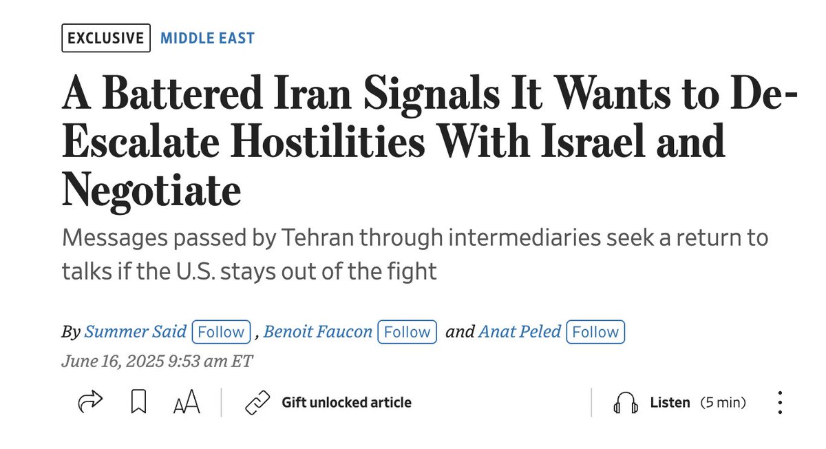 WSJ: Iran wants to negotiate as long as the US stays out of the war 

Great! Take them up on it and don't let Israel scuttle it. This is Trump's Singapore moment if he wants. Meet with them face to face and end this NOW