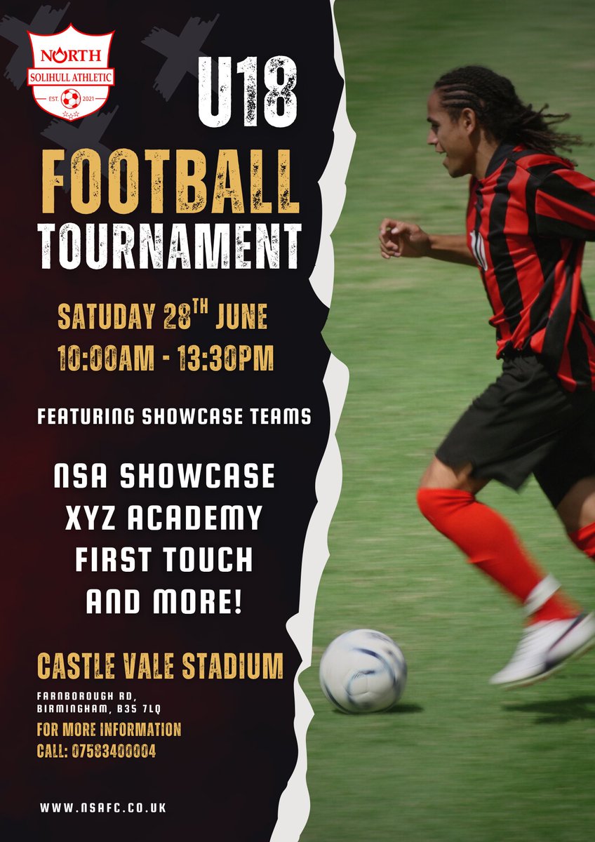 NSA_FC_'s tweet image. 🎯 U18 FOOTBALL TOURNAMENT
📍 Castle Vale Stadium
📅 Sat 28th June | ⏰ 10AM–1:30PM
Featuring: XYZ Academy, First Touch, NSA Showcase + more!
Next-gen talent on show. Don’t miss it.
#NSA #FootballShowcase #U18Tournament
