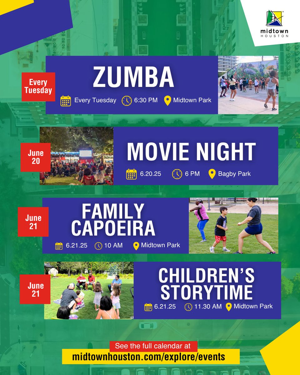 Family fun for all—right here in Midtown! 
Enjoy FREE events all week:
Zumba: Tue, 6:30 PM @ Midtown Park
Movie Night: June 20, 6 PM @ Bagby Park
Capoeira: June 21, 10 AM @ Midtown Park
Storytime: June 21, 11:30 AM @ Midtown Park
See full calendar: midtownhouston.com/explore/events/