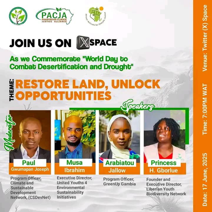 Join us on X Space! 🎙️
As we mark World Day to Combat Desertification and Drought 🌱
Theme: Restore Land, Unlock Opportunities

 17th June 2025
🕖 7:00 PM WAT
📍 Venue: Twitter (X) Space

#RestoreLand #UnlockOpportunities #DesertificationDay2025
