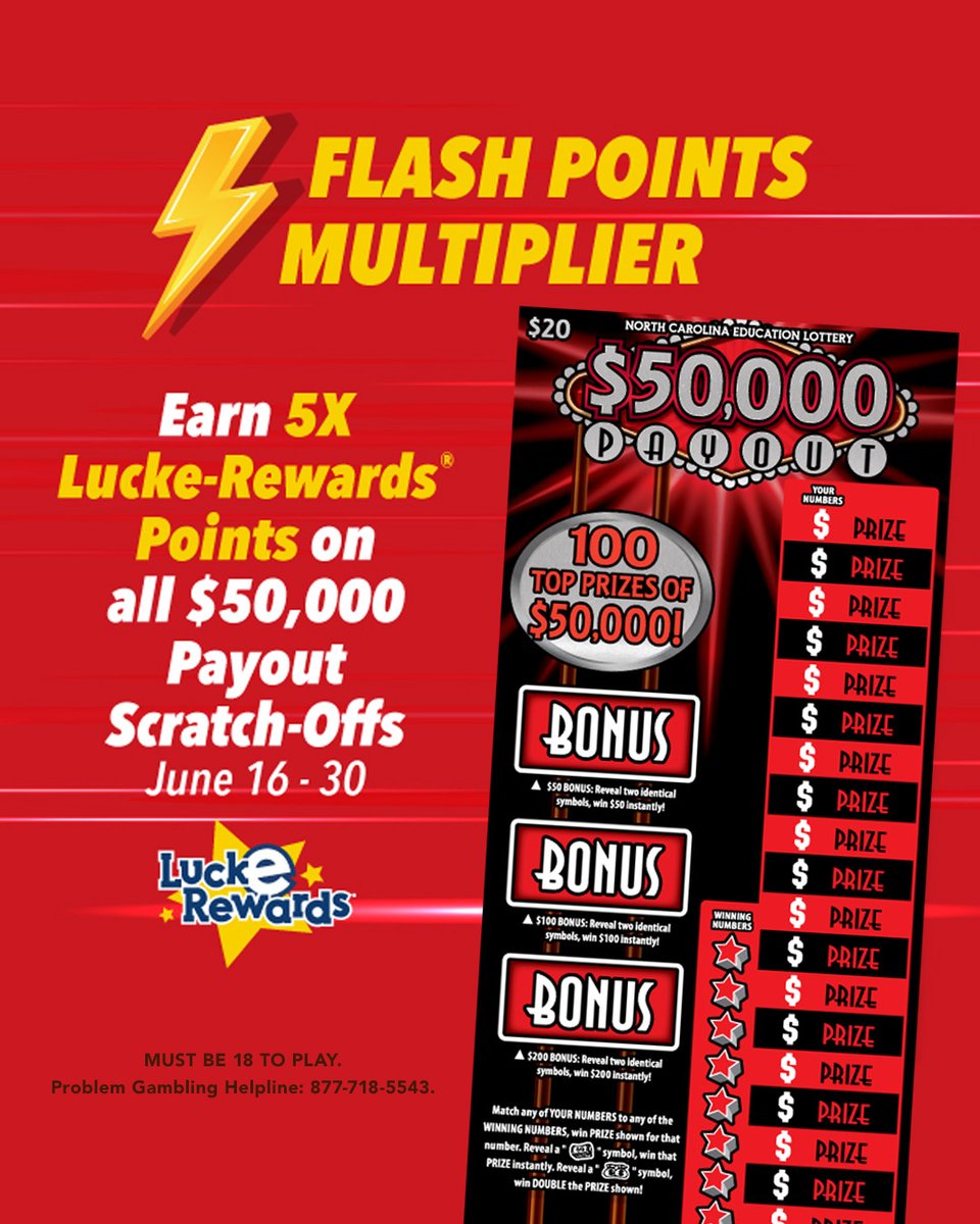 ⚡FLASH MULTIPLIER⚡ Earn 5X Lucke-Rewards points on all $50,000 Payout scratch-offs through June 30! nclottery.com/lucke-rewards