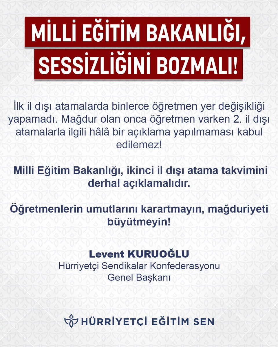 Hürriyetçi Eğitim Sen Genel Merkezi (@huregitimsen) on Twitter photo Milli Eğitim Bakanlığı, ikinci il dışı atama takvimini derhal açıklamalıdır!
<a href="/HurEgitimSen/">Hürriyetçi Eğitim Sen Genel Merkezi</a>
<a href="/leventkuruoglu/">Levent Kuruoğlu</a> Milli Eğitim Bakanlığı, ikinci il dışı atama takvimini derhal açıklamalıdır!
<a href="/HurEgitimSen/">Hürriyetçi Eğitim Sen Genel Merkezi</a>
<a href="/leventkuruoglu/">Levent Kuruoğlu</a>