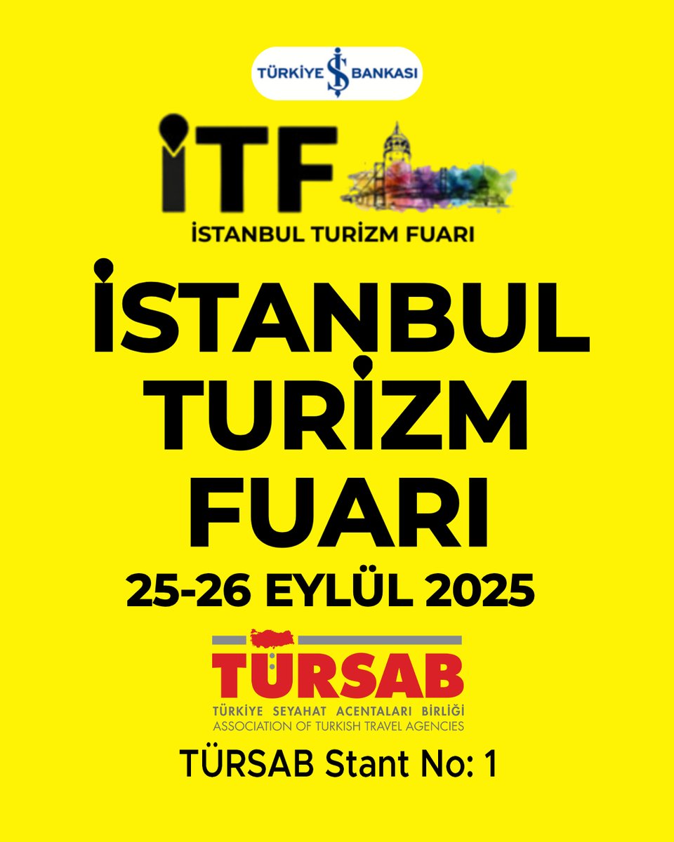 25-26 Eylül tarihlerinde ulusal ve uluslararası turizm profesyonellerini buluşturan İstanbul Turizm Fuarı (İTF 2025) Yenikapı-Avrasya Gösteri ve Sanat Merkezi’nde kapılarını ziyaretçilere açıyor.

Birliğimiz İstanbul Turizm Fuarı’nda 1 numaralı stantta yer alacak, tüm üyelerimiz