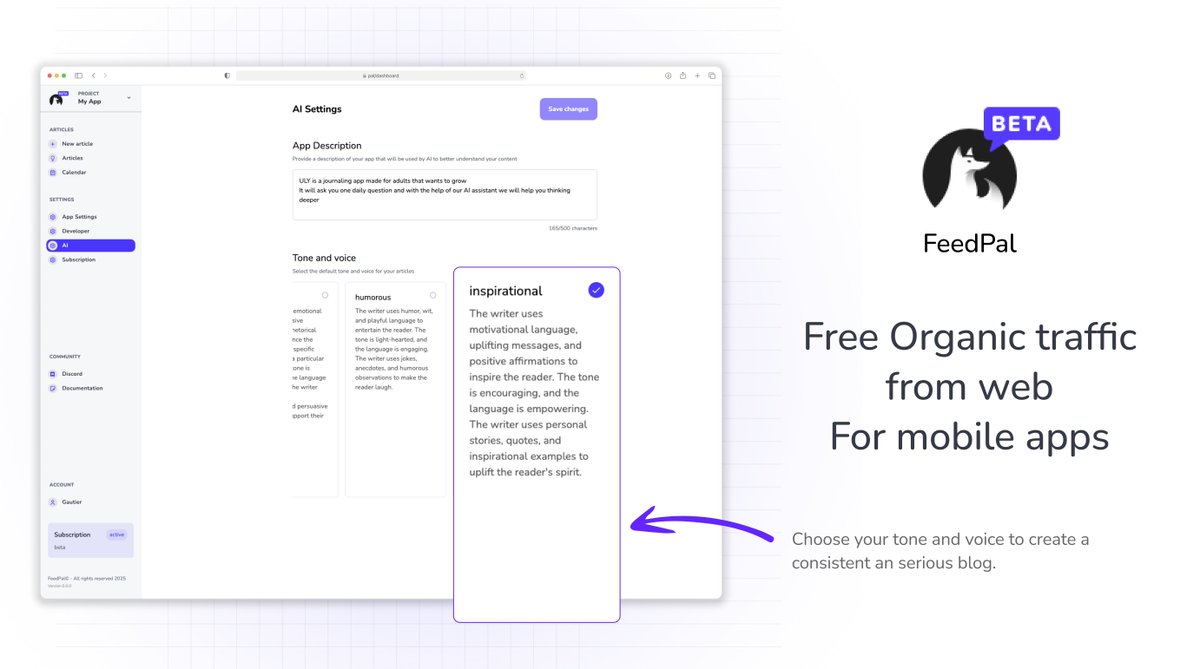 The FeedPal progress of the day
- More tone and voices available
- Provide your blog context (basically your app description)
- stripe integration done
- setup production deployment