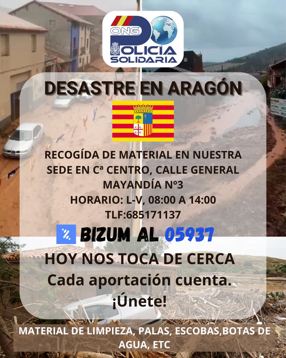 Tras las inundaciones desastrosas en varias localidades de Aragón, necesitamos tu ayuda

Recogeremos material de limpieza en nuestra sede de Zaragoza

Si estás lejos, por favor, dona Bizum al 0️⃣5️⃣9️⃣3️⃣7️⃣

Cada granito cuenta

Gracias