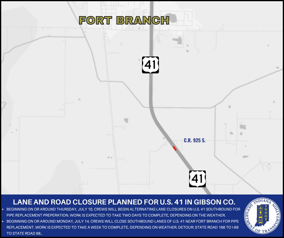 🚧 Lane and road closure planned for U.S. 41 in Gibson County 🚧

Alternating lane closures and a road closure are planned to begin on or around July 10 for southbound lanes of U.S. 41 in Gibson County.

Learn more: bit.ly/45sdYTS