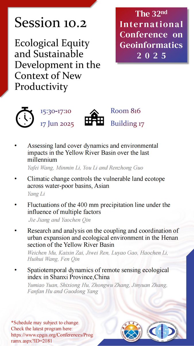 #CPGIS2025 Oral Session #10.2: Ecological Equity and Sustainable Development in the Context of New Productivity, Tuesday 17 Jun 2025, 15:30-17:10, CST. Room 816, Building 17, Huanghe Jiaotong University, Jiaozuo, China