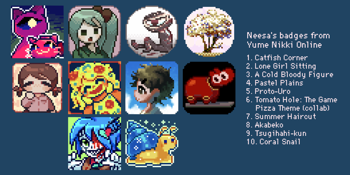 neesaig's tweet photo. Badges I have drawn for Yume Nikki Online so far, please consider to visit and play these games 💖
#ynoproject #ynfg #ゆめにっき派生 https://t.co/63uFYI0vJE