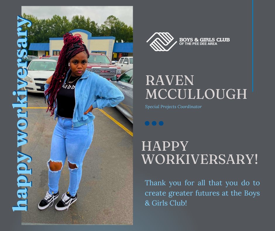 Today we celebrate Raven McCullough, Special Project Coordinator for the Boys &amp; Girls Club of the Pee Dee Area.

Want to honor the difference she makes every day?
🔗 bit.ly/3Wp1mYe

#GreatFuturesStartHere #BGCPDA #donate #youthempowerment #community #instagood #bgcpeedee