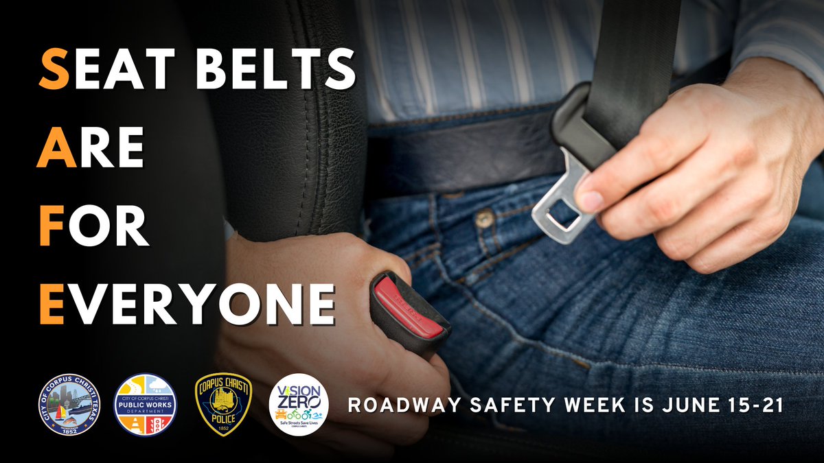 🚦🚗 It's Roadway Safety Week! Help us celebrate from June 15-21 by wearing your seat belt! 
In 2024, 1,069 unbuckled lives were lost on Texas roads. Buckling up cuts crash death risk by 45% in cars and 60% in pickups. 💙 Buckle up—your life matters! #RoadwaySafetyWeek #BuckleUp