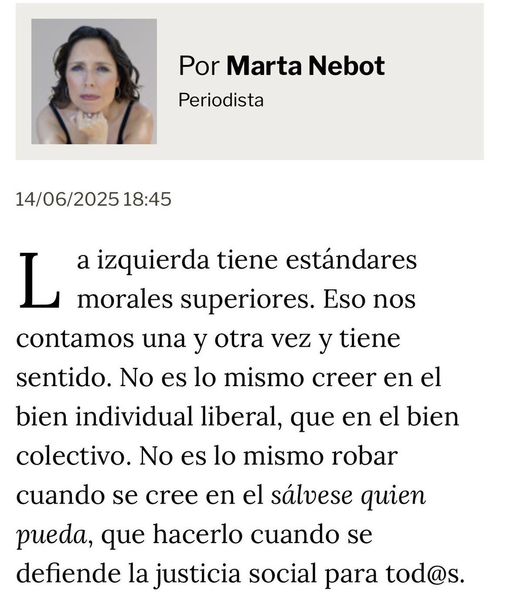 El periodismo vive en tal aberración, en tal degradación moral, que es capaz de justificar la corrupción política-institucional sin pestañear. No es lo mismo robar para uno que si el ‘patriota de partido’ lo hace en nombre de la justicia social. 

publico.es/opinion/column…