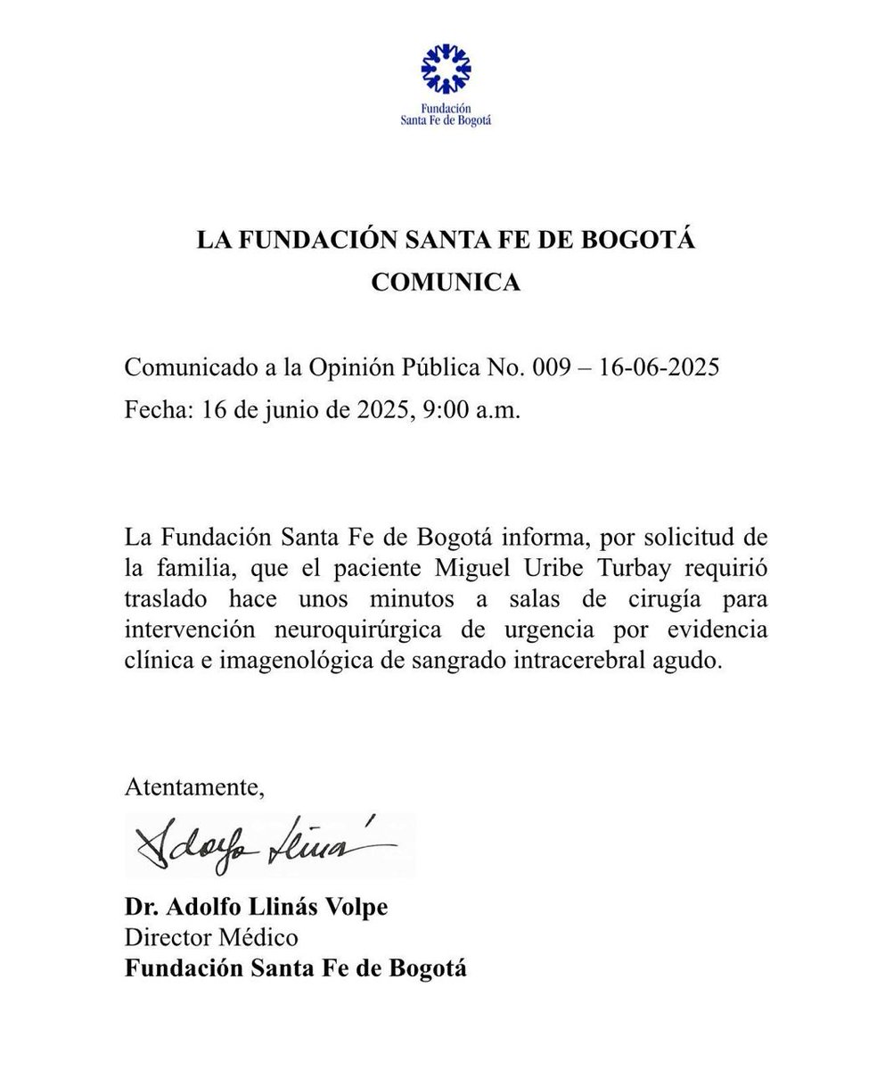 #ATENCION | ¿Se complica la salud de Miguel Uribe?

La Fundación Santa Fe de Bogotá informó que Miguel Uribe Turbay fue ingresado de urgencia a sala de cirugía, tras evidenciarse un sangrado intracerebral agudo.