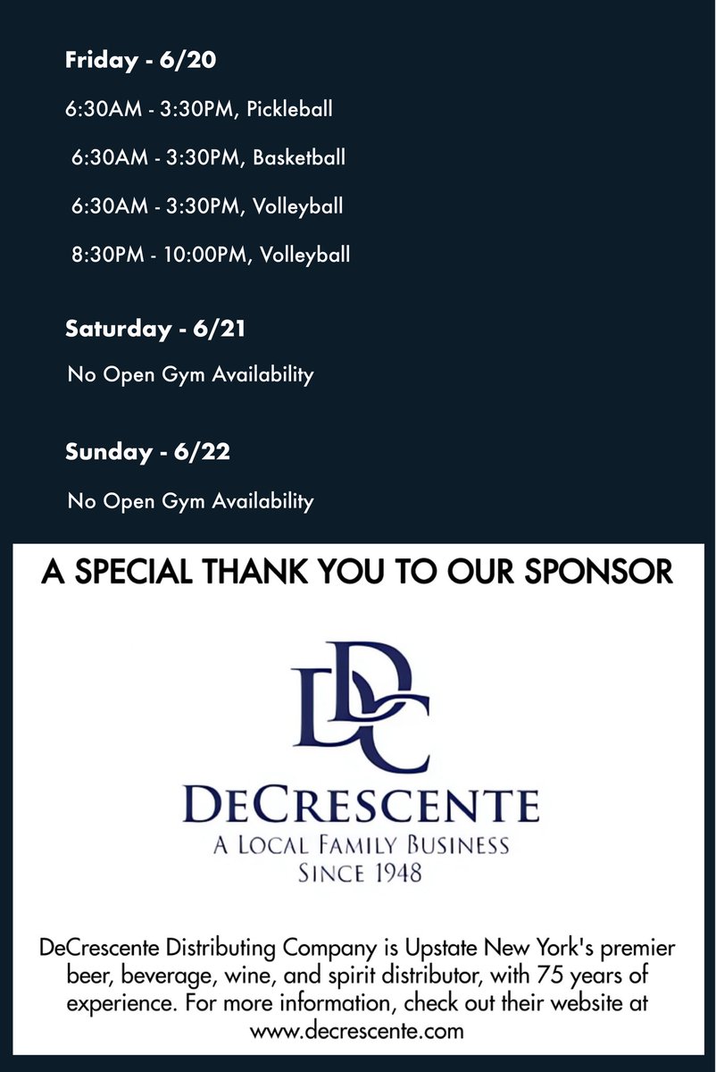 Good Morning! Here is this week’s Open Gym Schedule for the week June 16 — June 22 ☀️ 

A special thank you to our sponsor, DeCrescente, for their continued support!🙌 

#monday #halfmoon #schedule #opengym