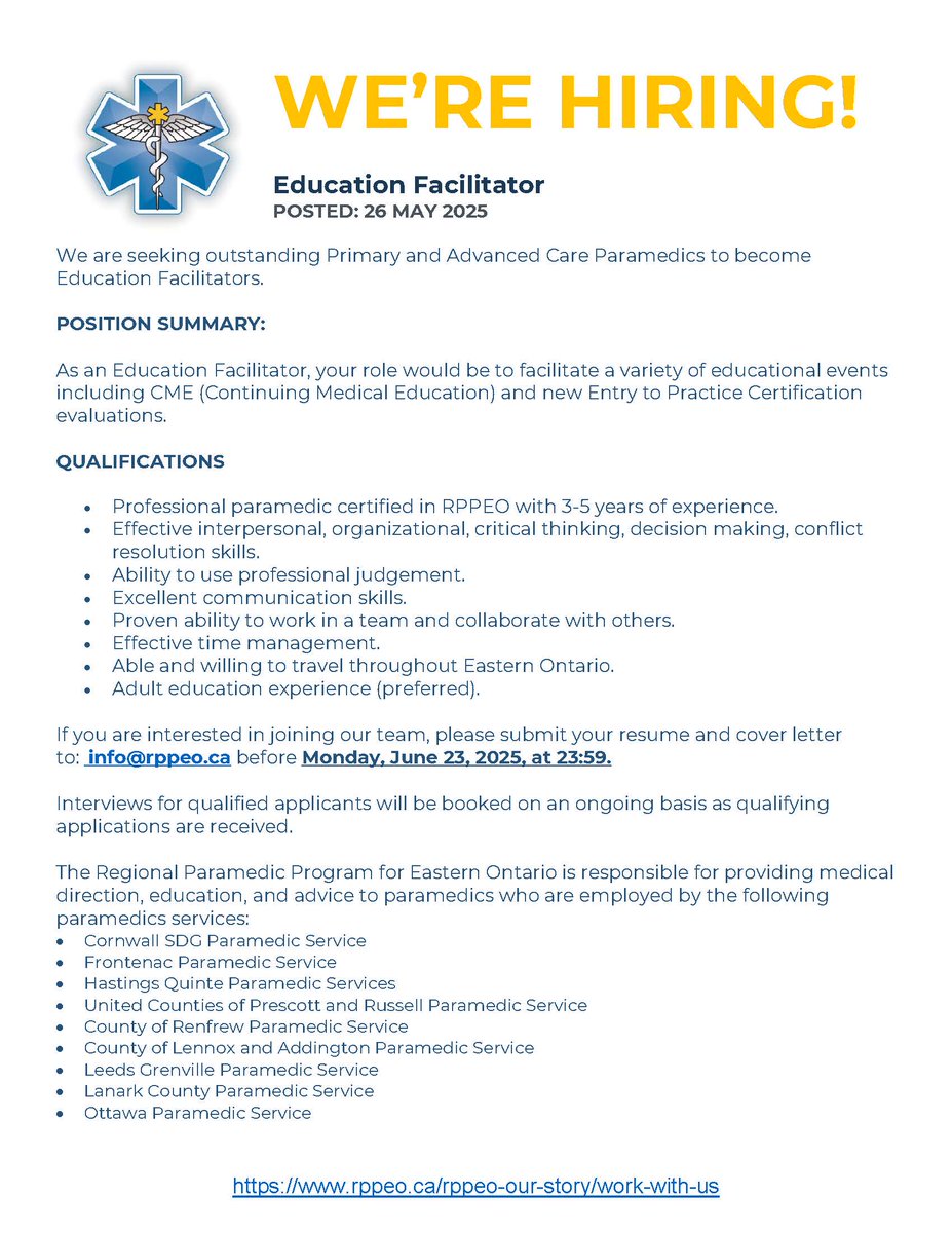 Regional Paramedic Program for Eastern Ontario (@rppeo) on Twitter photo Join Our Team: We’re Hiring an Education Facilitator! Applications accepted until 23:59 on JUNE 23 Join Our Team: We’re Hiring an Education Facilitator! Applications accepted until 23:59 on JUNE 23