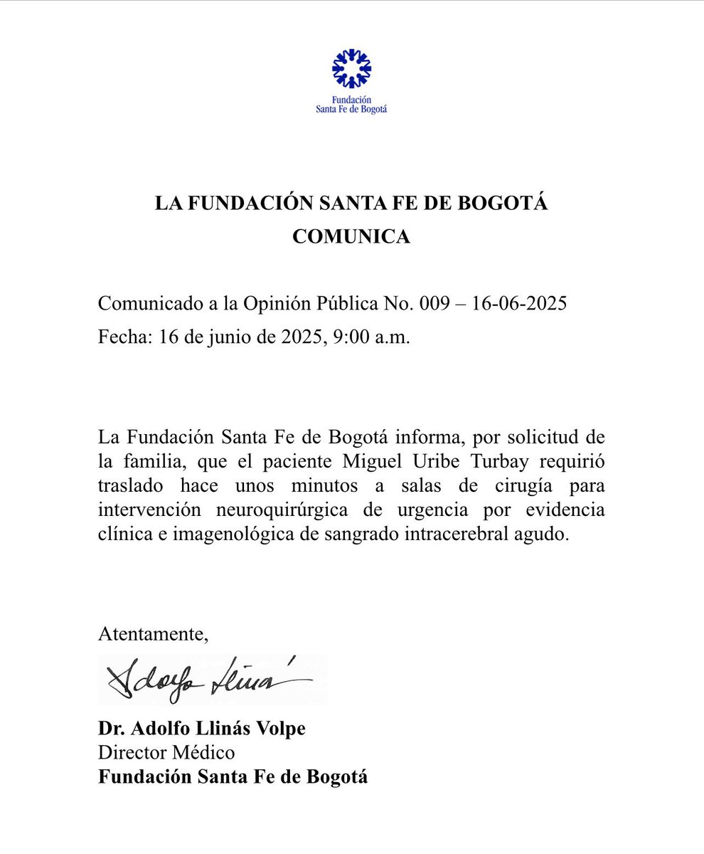 La <a href="/FSFB_Salud/">Fundación Santa Fe de Bogotá</a> informa que Miguel Uribe será intervenido de urgencia.